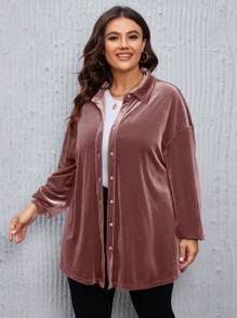 SHEIN LUNE Plus Size Fall Women Christmas Textured Fabric Mini Plaid Flannel Doll Style Shirt Top Loose Casual Shirt Tops With Sleeves Blouse, For Winter - Dusty Pink - View 5