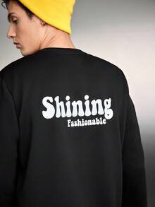 SWAVVY Men's Knit Casual Sweatshirt And Long Pants Set With Text Print - Black - View 3