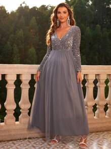 Joyfunear 亮片装饰 V 领长袖孕妇优雅连衣裙，适合派对