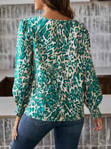 SHEIN LUNE 休閒女用全印花捲袖襯衫 - 綠色 - 查看 6