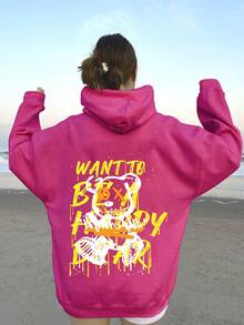 Flirla Women'S Plus Size Hooded Letter Print Fleece Sweatshirt With Bear Design - Black - View 2