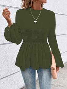 SHEIN LUNE 女款實色燈籠袖毛衣,褶邊下擺設計 - 綠色 - 查看 1