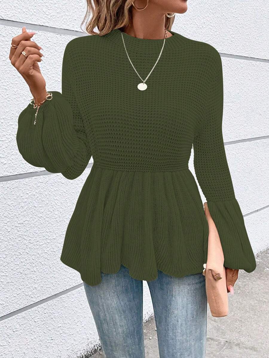 SHEIN LUNE 女款實色燈籠袖毛衣,褶邊下擺設計 - 綠色 - 查看 1