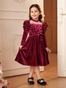 SHEIN 少女緊身天鵝絨裙,配有羊肉袖和豐富的珠子點綴 - 酒紅色 - 查看 7