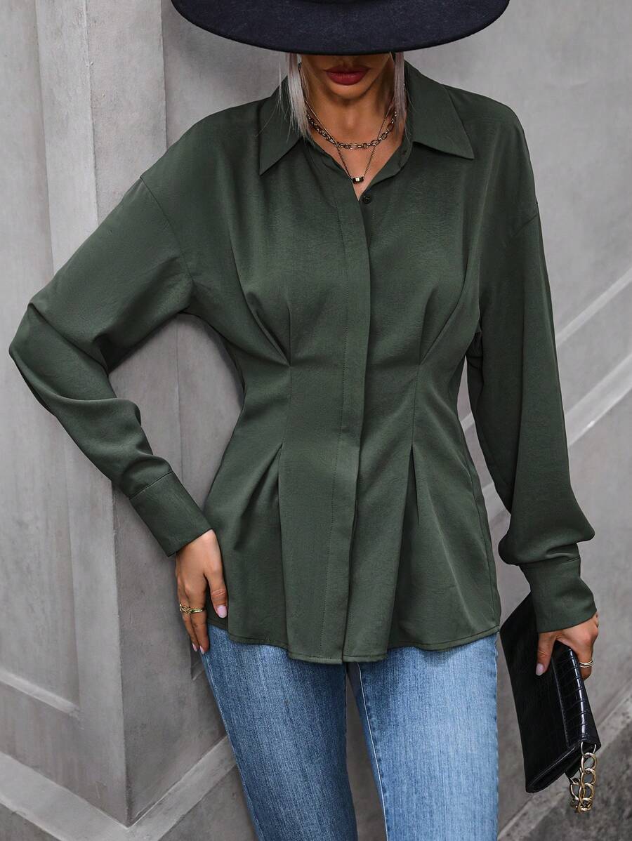 SHEIN Clasi Eo Xếp li Thả vai Tay áo Áo sơ mi - xanh quân đội - Xem 1