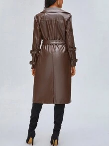 CHEYENNE SAHARA Đôi ngực Thắt lưng chất liệu da PU Áo khoác Trench - màu nâu - Xem 2