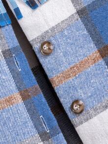 SHEIN 女童藍色格子翻領大衣 - 藍色 - 查看 5