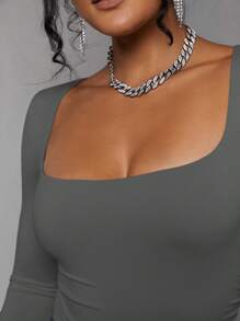 Silquee Ladies' Solid Color Slim Fit Bodysuit With Square Neckline - Dark Grey - View 4