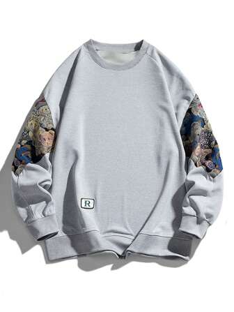 Men's Fashion Cartoon Bear Pattern Colorblock Crew Neck Loose Fit Sweatshirt, For Fall, Long Sleeve Top