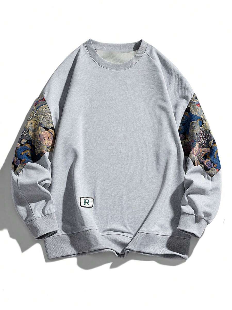 男士时尚卡通熊图案撞色圆领宽松卫衣，适合秋季穿着，长袖上衣 - 灰色 - 查看 1