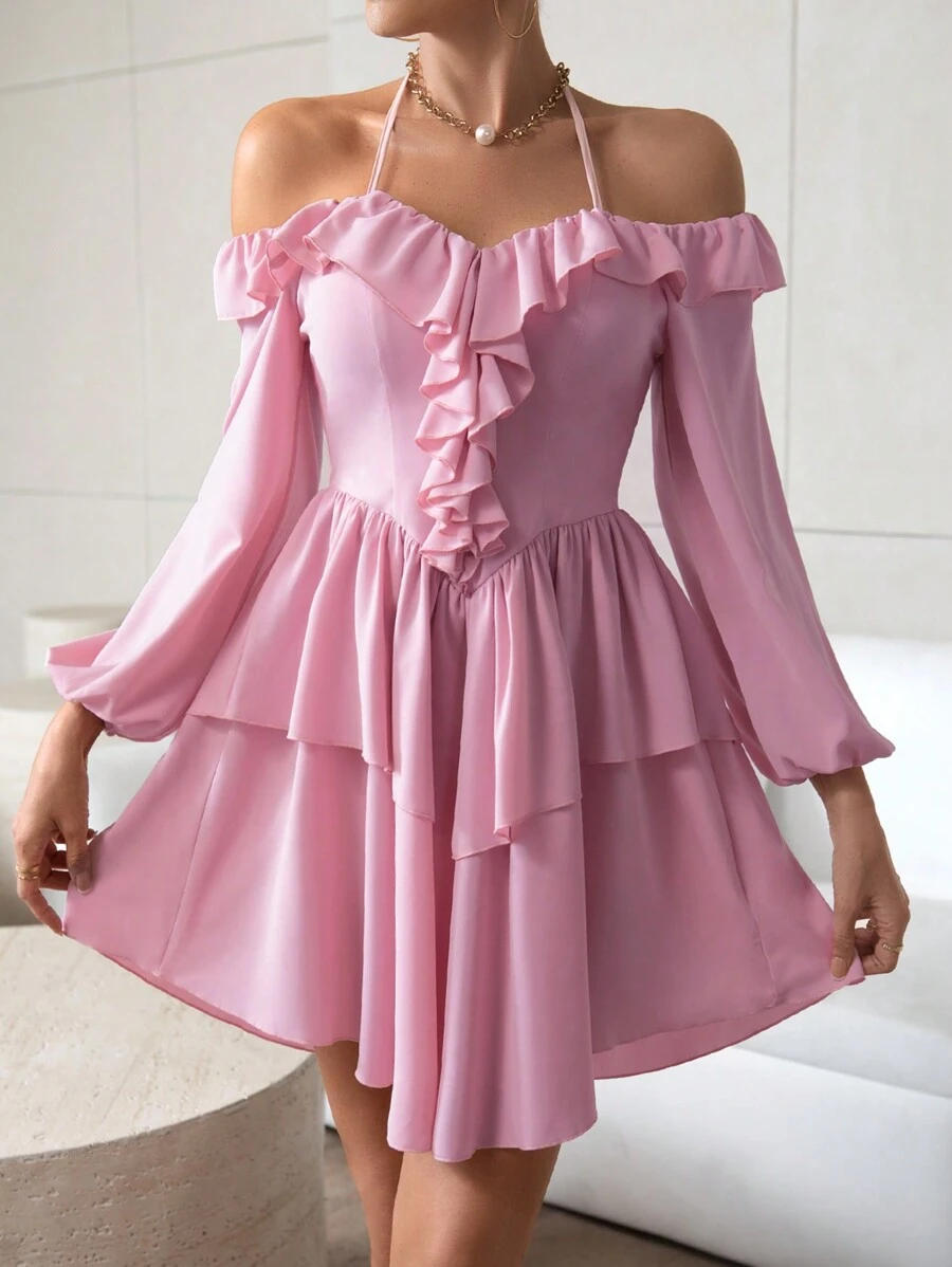 SHEIN Privé Của phụ nữ Tay áo lồng đèn Trang trí ren Halter Neck Đầm - Màu Hồng baby - Xem 1