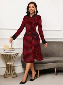 SHEIN Lady 女士春秋千鸟格翻领长袖优雅办公室通勤连衣裙 - 紅色 - 查看 5