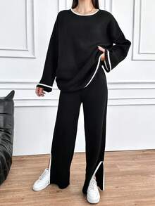 EURMUSE 女士彩色邊緣拼接下垂肩毛衣和針織寬腿褲,側邊開口 - 黑與白 - 查看 3