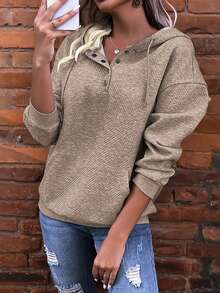 SHEIN LUNE 女式落肩抽繩連帽運動衫 - 卡其色 - 查看 6