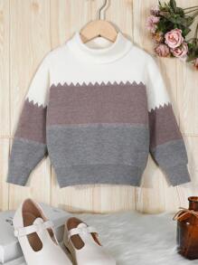 SHEIN 女童幼兒拼色高領毛衣 - 彩色 - 查看 1