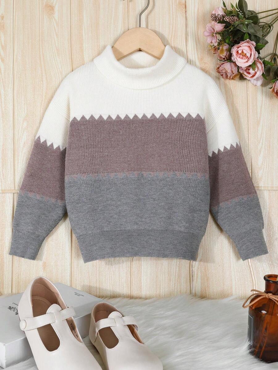 SHEIN 女童幼兒拼色高領毛衣 - 彩色 - 查看 1