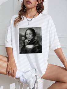 SHEIN EZwear 優化圖案落肩設計超大t卹 - 白色 - 查看 1