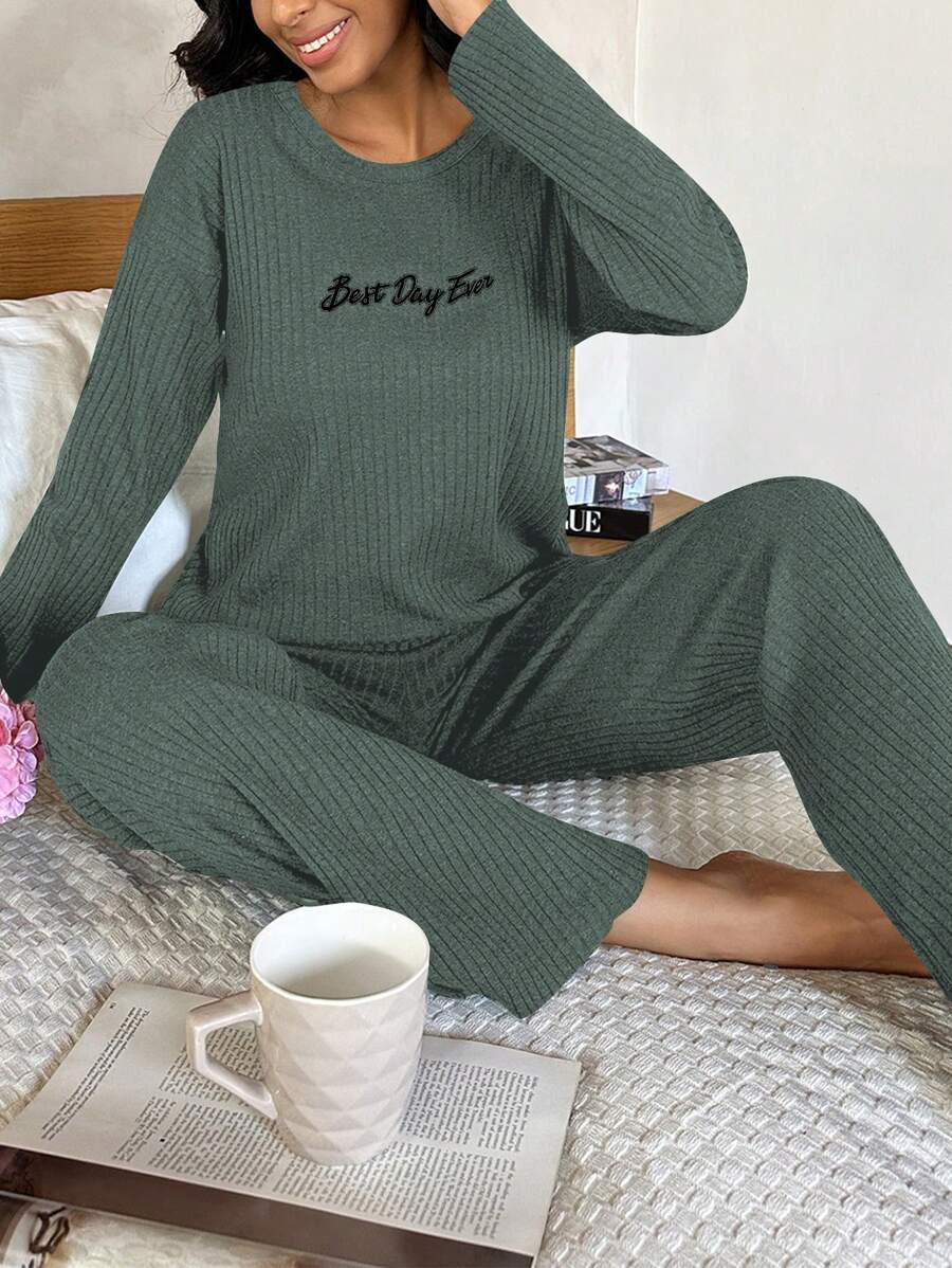 EURMUSE Slogan Ribbed Knit Lounge Set - Green - View 1