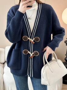 Elegante cárdigan con cuello en V, botones con cuernos de cordero, primavera y otoño - Azul Marino - Ver 5