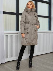 GASMAN Áo khoác trùm đầu có đệm họa tiết chữ kim cương mùa đông dành cho nữ - Màu Khaki - Xem 6