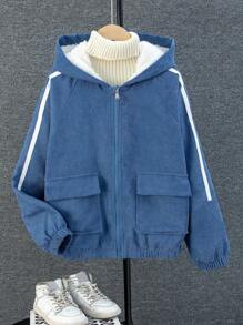 Tween Boys' Thick Corduroy Hooded Jacket With Thermal Lined , Navy Blue