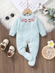 SHEIN 嬰兒女寶寶花紋純色針織連體衣 - 綠色 - 查看 1