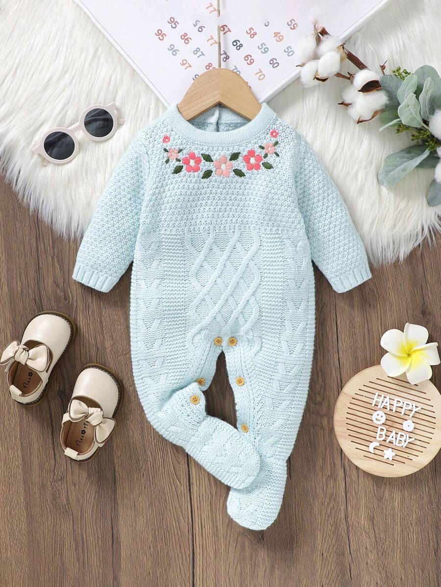 SHEIN 嬰兒女寶寶花紋純色針織連體衣 - 綠色 - 查看 1