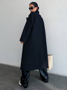 EURMUSE Women's Double Breasted Long Woolen Coat - Navy Blue - View 2