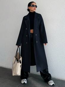 EURMUSE Women's Double Breasted Long Woolen Coat - Navy Blue - View 3