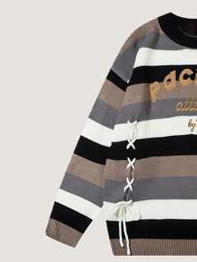 ANDREILEE Men's Striped Letter Embroidery Drawstring Sweater - Black - View 4