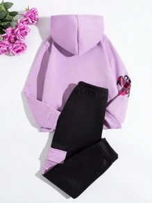 SHEIN Tween Girls' Sweet Cartoon Letter Pattern Hooded Sweatshirt And Pants Set - Mauve Purple - View 2