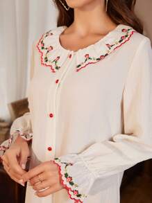 Women's Embroidered Lace Sleeve Pajama Night Dress - Apricot - View 5