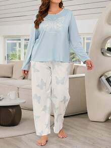 Conjunto De Ropa De Casa Casual Con Patrón De Mariposa Y Talla Grande - Celeste - Ver 2