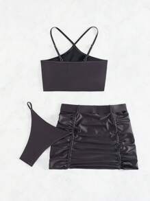 SHEIN Swim Women's Halter Neck Ruffled Separated Swimming Suit, 3pcs/Set Summer - Black - View 4