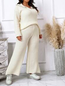 SHEIN LUNE Plus Size Women's Half-zip Sweater And Sweater Pants Set - Apricot - View 5