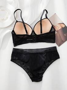 花卉蕾絲鋼圈內衣套裝 - 黑色 - 查看 2