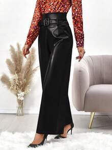 SHEIN Clasi Cao eo Thắt lưng chất liệu da PU Quần ống rộng - màu đen - Xem 4