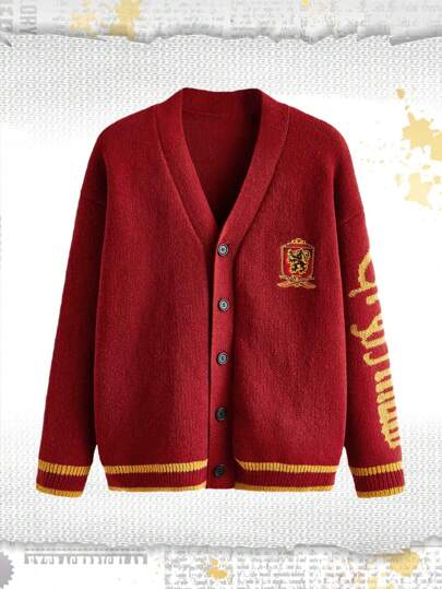 Harry Potter | ROMWE Cardigan Oversize Con Spalla Bassa, Grafiche A Righe In Contrasto, Lettera E Badge