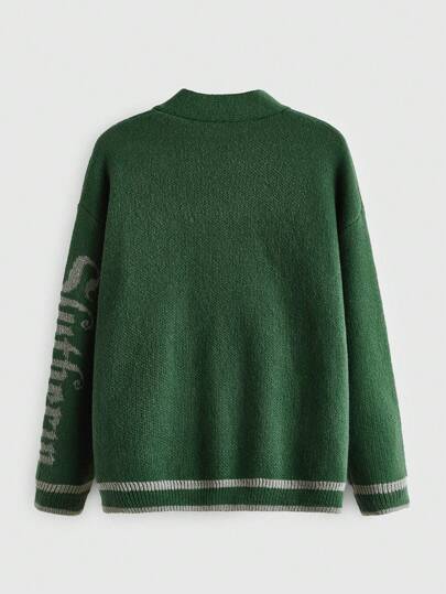 Harry Potter | ROMWE Cárdigan De Suéter De Talla Grande Con Monograma Bordado, Hombros Caídos Y Botones Frontales