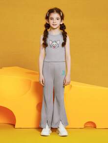 TOM & JERRY X SHEIN Tween Girls' Cartoon Pattern Hoodie & Vest & Pants Set - Grey - View 8