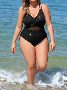 SHEIN Swim Curve 加大碼網紋拼接一件式泳衣 - 黑色 - 查看 4