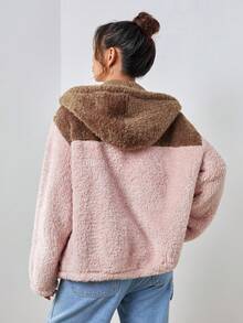 SHEIN EZwear 對比色毛茸茸女式常規外套 - 粉色 - 查看 3