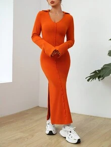 SHEIN EZwear 純色高側面開襠緊身連衣裙 - 橘色 - 查看 2