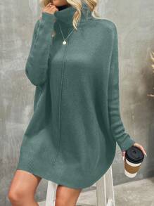 SHEIN LUNE Women's Solid Color High Neck Batwing Sleeve Sweater Dress - Green - View 4