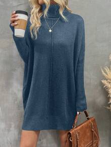 SHEIN LUNE Của phụ nữ Màu thuần Cổ cao tay cánh Đầm Áo len - Màu xanh bụi bặm - Xem 6