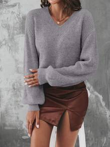 SHEIN Essnce V-Neck Drop Shoulder Sweater - Grey - View 6