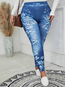 EMERY ROSE 女性加大碼花紋和牛仔效果緊身褲 - 藍色 - 查看 1