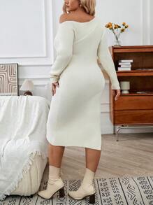 Calvaya 女式加大码不对称领开衩毛衣裙 - 杏色 - 查看 2