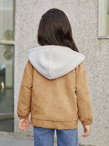 SHEIN Girls' Casual Style Color Block Long Sleeve Hooded Jacket - Khaki - View 2