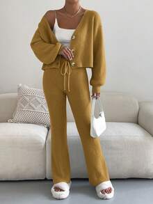 SHEIN Essnce Solid Color Button-front Cardigan And Drawstring Waist Sweater Pants 2pcs/set - Yellow - View 5